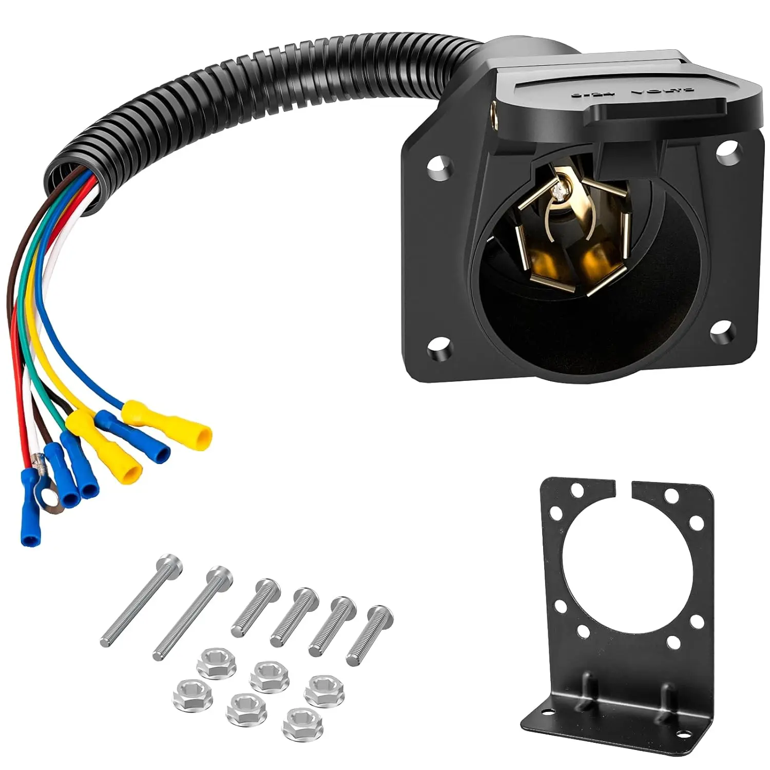12V+ 6-24V 7-Way Trailer Plug Adapter with Wire Harness - RV Truck Light Adapter, Quick Connect Socket, Mount Bracket, Nuts & Screws for Lighting, Brakes, Auxiliary Power, Flat Applications