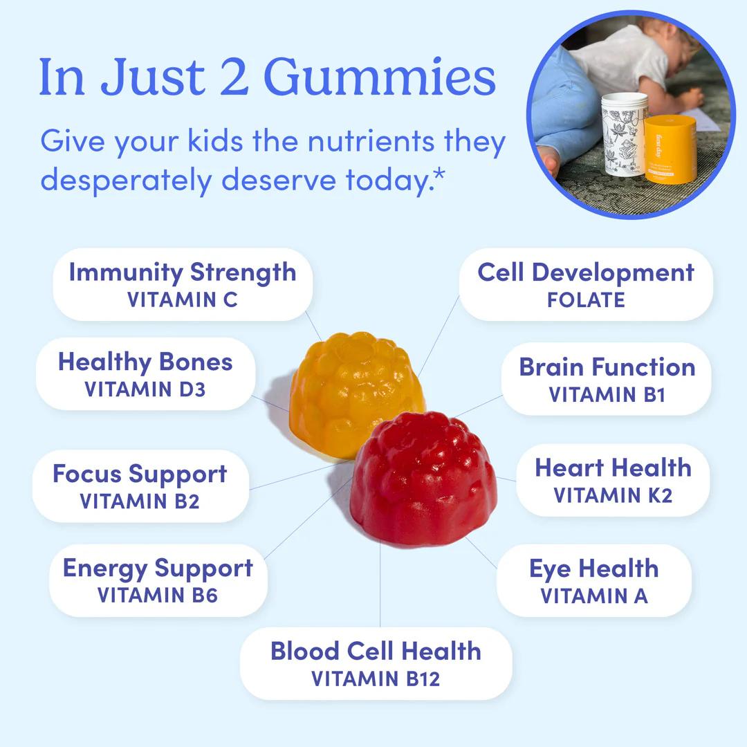 Bundle of FIRST DAY Kids Essential Multivitamin Gummies and FIRST DAY Teens Daily Kickstart Multivitamin Gummies for Teen Boy and Girls Ages 12-17 - Edible Gummy Dietary Vitamins - Organic - No Fillers, Gums, Added Sugars - "No Junk" - Daily Supplement