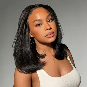 Pizazz Hair Glueless Layered Cut Yaki Straight Short Bob Wig with Drawstring 220% Density Pre-cut 5x5 HD Lace Human Hair Wigs with Bleached Knots Pre Plucked Natural Hairline