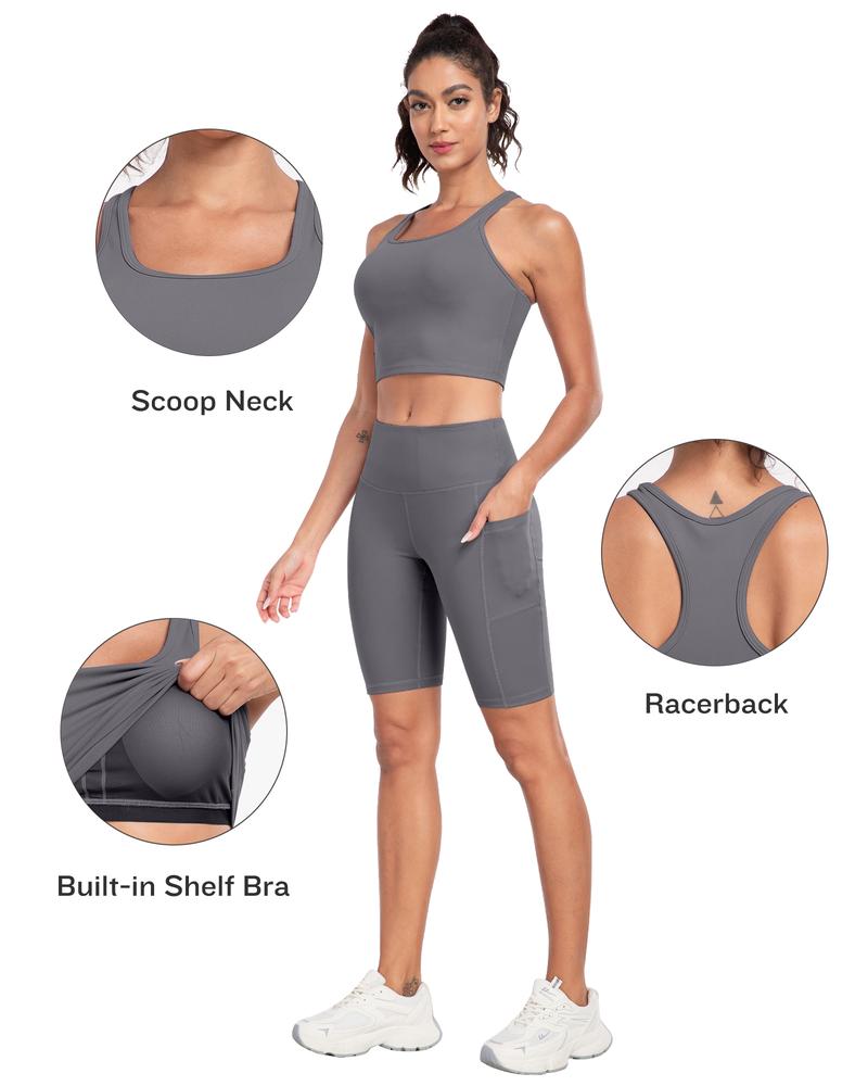 【Free 3-Day Shipping】2026 New 2-Piece Workout Set Racerback Longline Sports Bra & Mult-Pockets Biker Shorts Comfortable Breathable for Everyday Wear Fitness Running Training Sportswear Spring Autumn - Sporty Casual Seamless