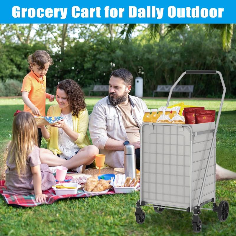 Foldable Heavy Duty Shopping Cart - 200lbs Capacity, 360° Swivel Wheels, 65L Waterproof 600D Oxford Bag, Easy Assembly for Grocery, Laundry, Garden, Camping (Grey, 19.5 x 39 x 20 inch)