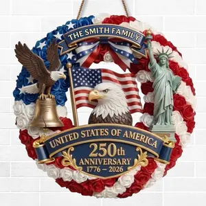 Personalized 250th Anniversary USA Wood Sign, Custom Family Name Patriotic Door Hanger, United States 1776-2026 Commemorative Plaque, Historical Independence Day Celebration Gift, Premium 4th of July Welcome Sign