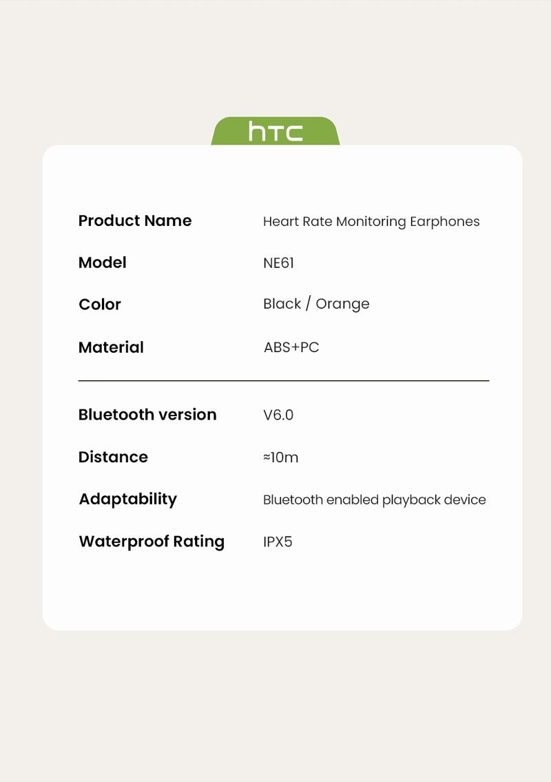 HTC NE61 Wireless Bluetooth Earbuds, Heart Rate Monitor, IPX5 Waterproof, Support 134 Languages Android Audio