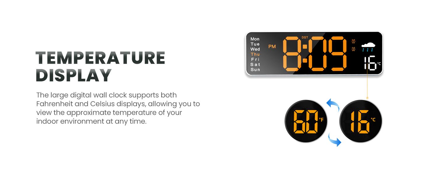 8.98" Digital Clock with Date, Week, Temp, Humidity, DST, Timer, Auto-dimming for Living Room Classroom Gym Church Shop Garage Wall LED