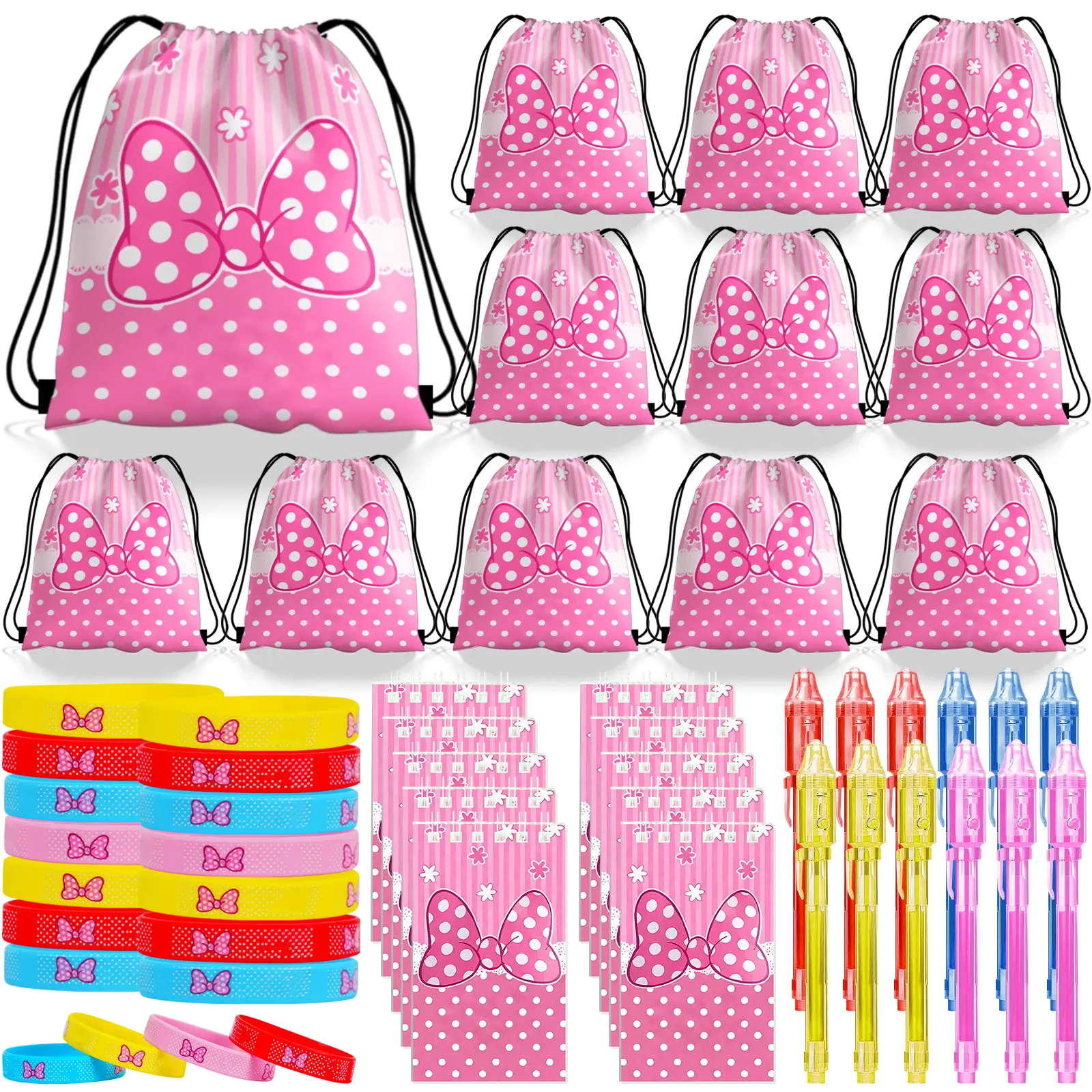 Cartoon Bow Party Gifts Set of 12, Cute Safe Kids Party Favors & Game Prizes, Birthday Goodie Bag Stuffers with Drawstring Bags, Notebooks, Silicone Bracelets, Highlighters, Cute Party Gifts