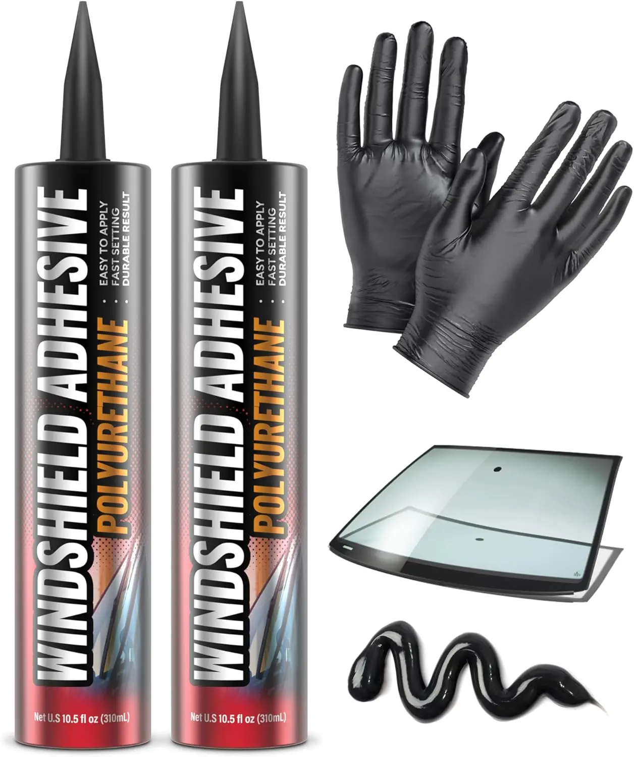 [2 Pack] Liquid Polyurethane Auto Glass Adhesive - 310ml Ready-to-Use, Quick Curing, Weather Resistant, Superior Bonding, Crack-Free, Impact Absorbent, Leak-Proof for Vertical/Overhead Use, Cars/RVs Window Repair Kit with Gloves & Applicator Tip