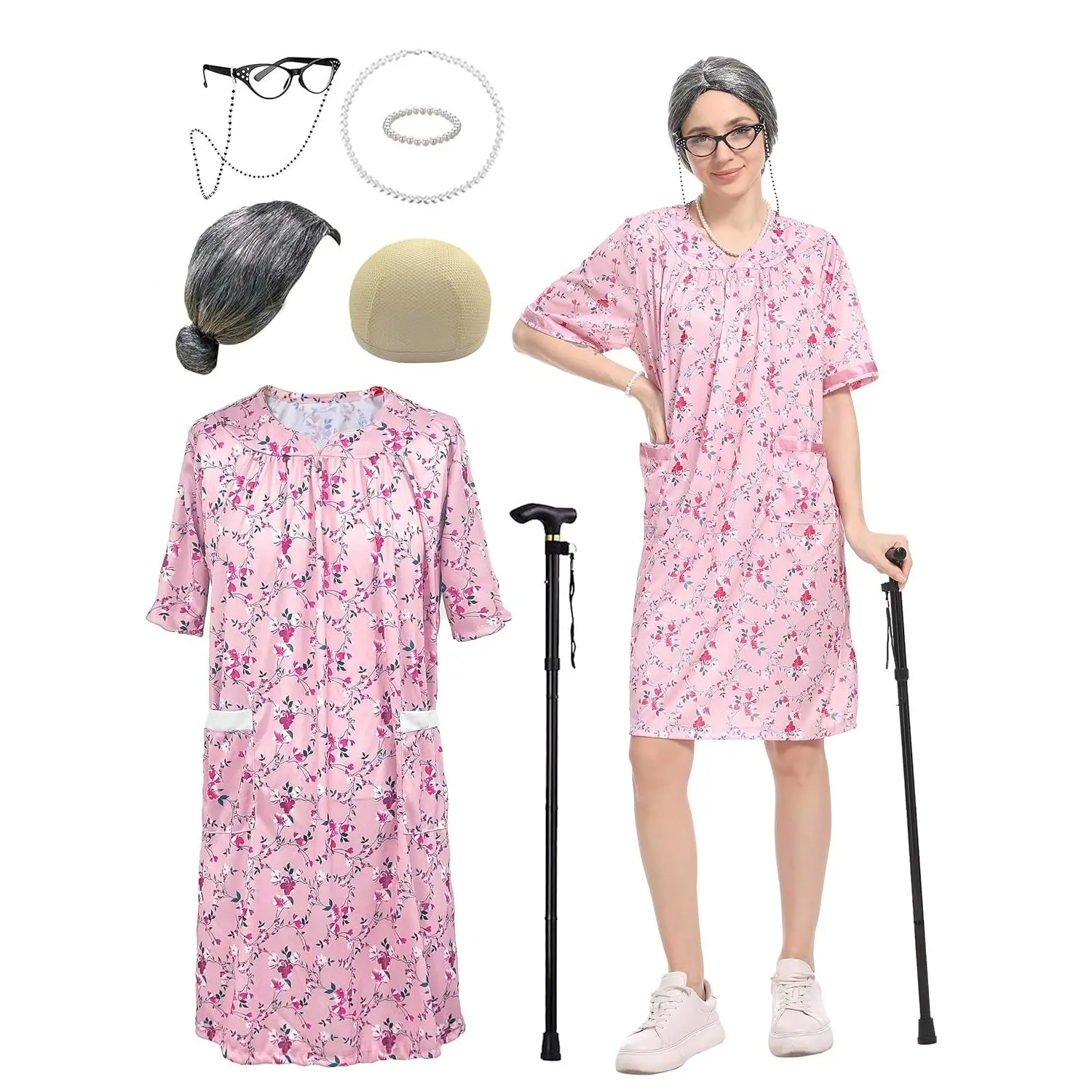 Women's Retro Pink Floral Print Polyester Granny Costume Dress & Clothes - 8pcs Suit with Wig, Glasses, Cane, Pearl Accessories - Cosplay Gear for 100 Days of School, Retro Look