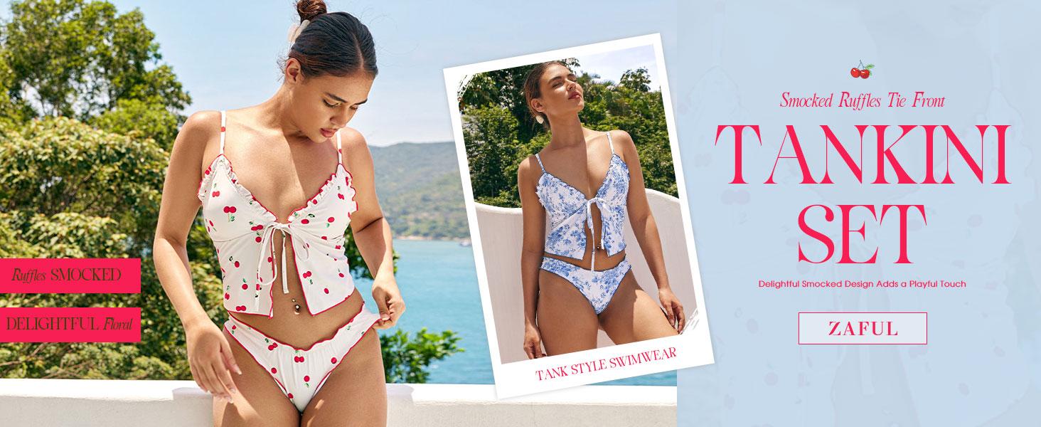 ZAFUL Tankini Swimsuits for Women Smocked Ruffles Tie Front Bowknot Textured High Cut Tanga Tankini Set