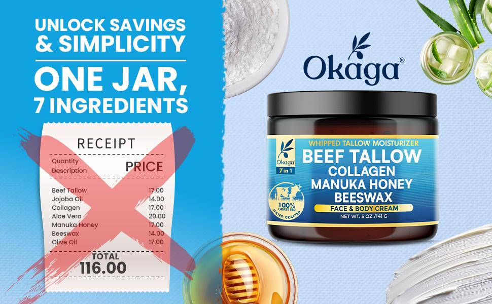 Okaga Beef Tallow (5 oz.) - Face & Body Moisturizer - Skincare Blend with Collagen, Manuka Honey, Beeswax & More - 100% Organic & Grass-Fed Okaga Beef Tallow (5 oz.) - Face & Body Moisturizer - Skincare Blend with Collagen, Manuka Honey, Beeswax & More - 100% Organic & Grass-Fed