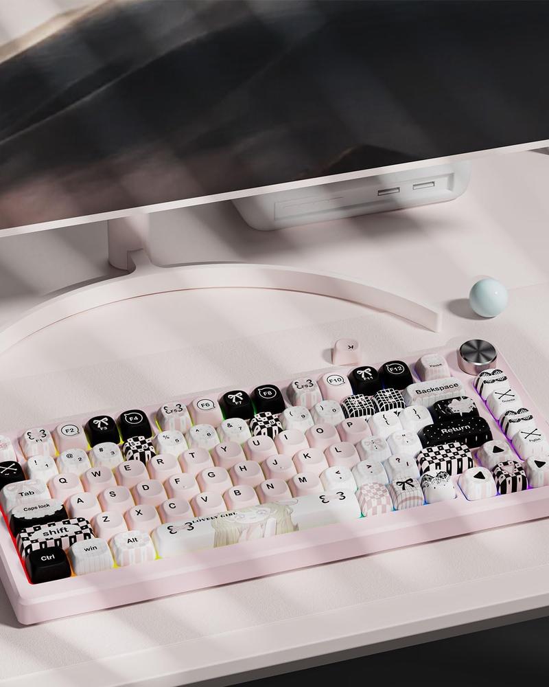 Womier MOA Profile PBT Keycaps,132 Keys Cute Style Keycap Set with Cute Icons, Dye-Sublimation, Black Pink Theme for Most 60% 65% 75% 80% 100% US Layout Cherry MX Switches Mechanical Keyboard
