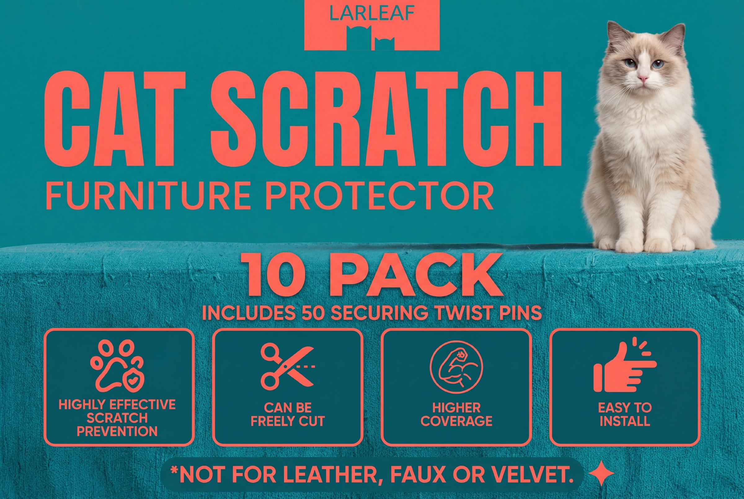 Larleaf Anti Cat Scratch Furniture Protector, 10-Pack Couch Protector from Cat Claws Easy-to-Apply Scratching Deterrent and Shield for Sofa Corners Couch, Walls, Doors- with 50 Twist Pins, Cat Deterrent, Cat Accessories, Door Scratch Protector