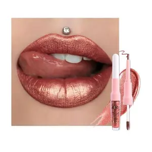 evpct Copper Metallic Glitter Lip Liner and Lipstick Combo Lip Gloss Stain Set Makeup for Women Long Lasting Waterproof 24, Bronze Gold Mocha Metallic Shimmer Frosted Iridescent Glossy Lipstick