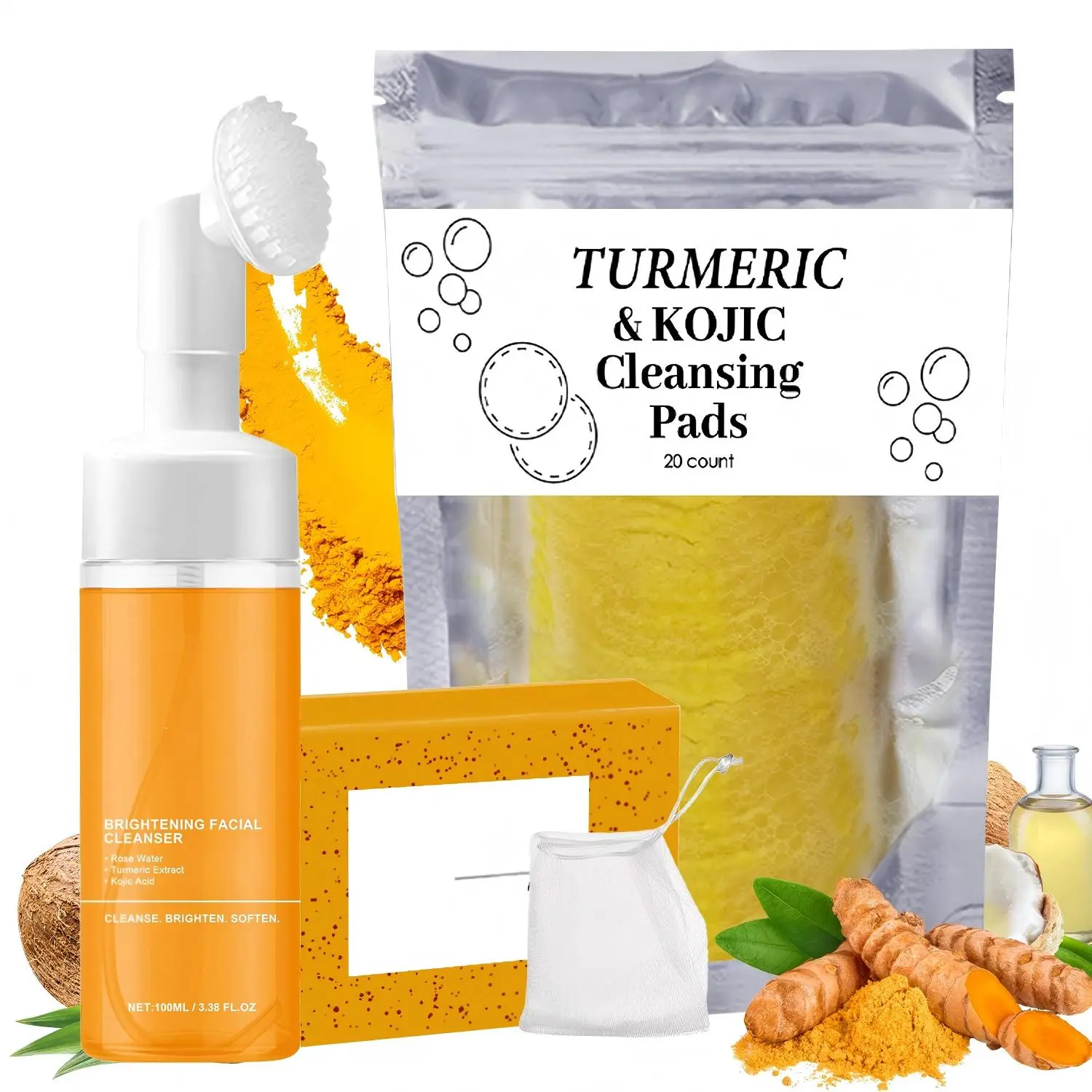 Turmeric Wash and Care Three Piece Set,Tuemeric Facial Cleanser & Turmeric Soap Bar & Turmeric Face Scrub Pads,Turmeric Cleansing Skincare Set for Face & Body, Deep Cleansing