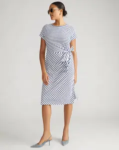Crescent Breton Stripe Knot Dress - White/Cenote Stripe