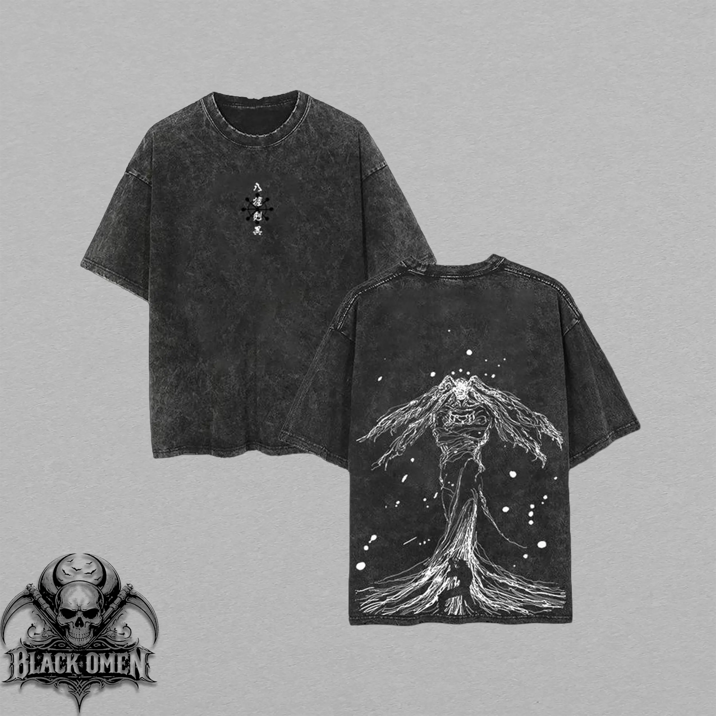 Shinigami Mahoraga Tee Washed – Jujutsu Kaisen washed anime manga T-shirt with vintage washed iconic divine general shikigami graphic. Unisex oversized streetwear shirt, soft cotton, casual oversize fit — perfect gift for Jujutsu Kaisen fans & For him.