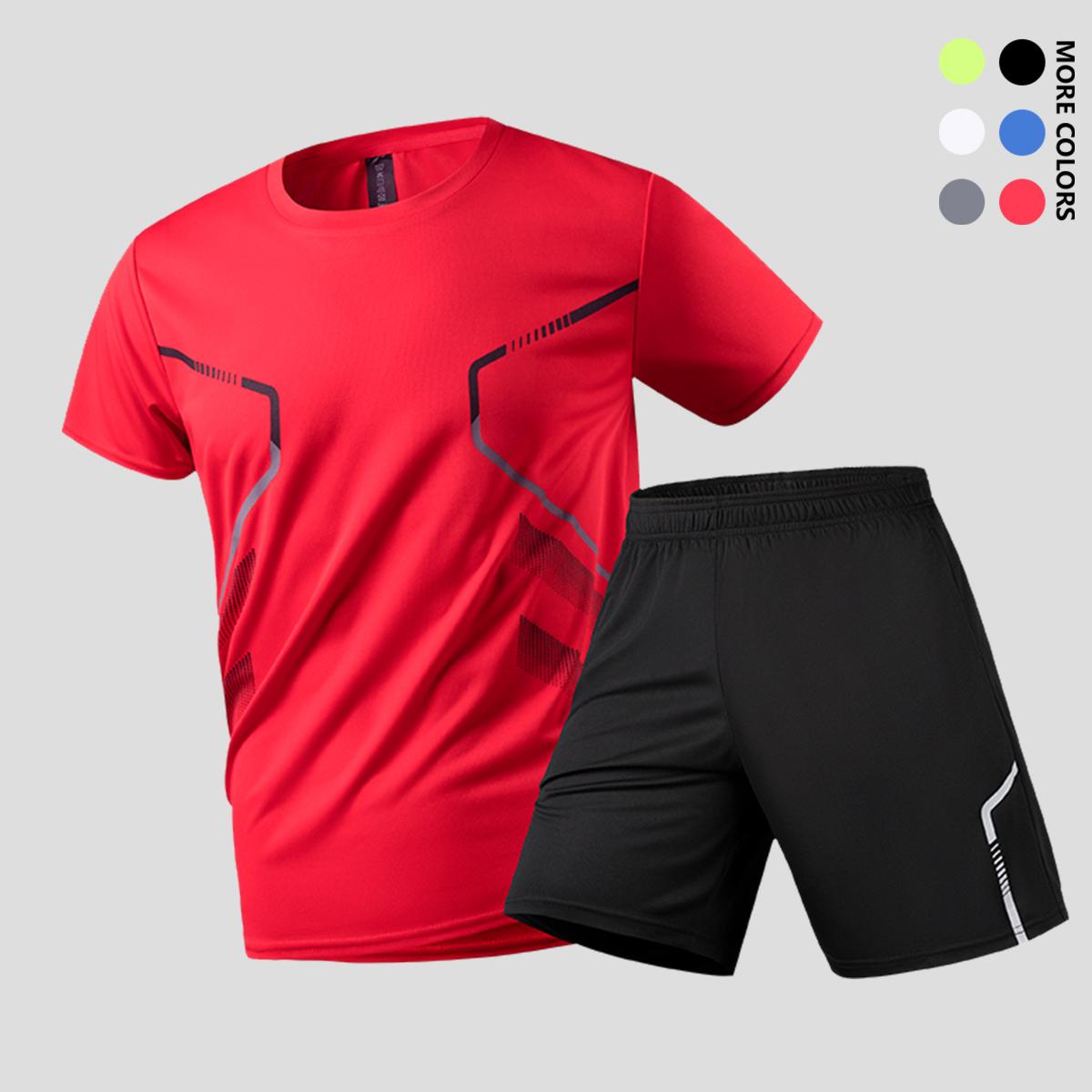 Men's spring/summer two-piece running set made with moisture-wicking, breathable, quick-dry fabric (short-sleeve shirt and shorts).Perfect for gym workouts, outdoor basketball, hiking, and mountain climbing.