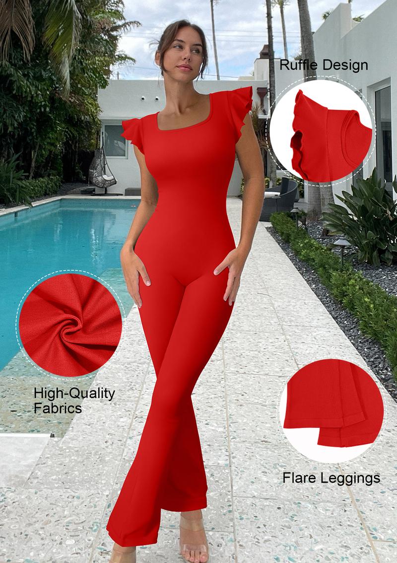 OQQ Jumpsuits For Women Ribbed Square Neck Ruffles Sleeveless Flare Long Pants Stretchy Soft Party Jumpsuits Womenswear Lady Comfort Bridal Basic