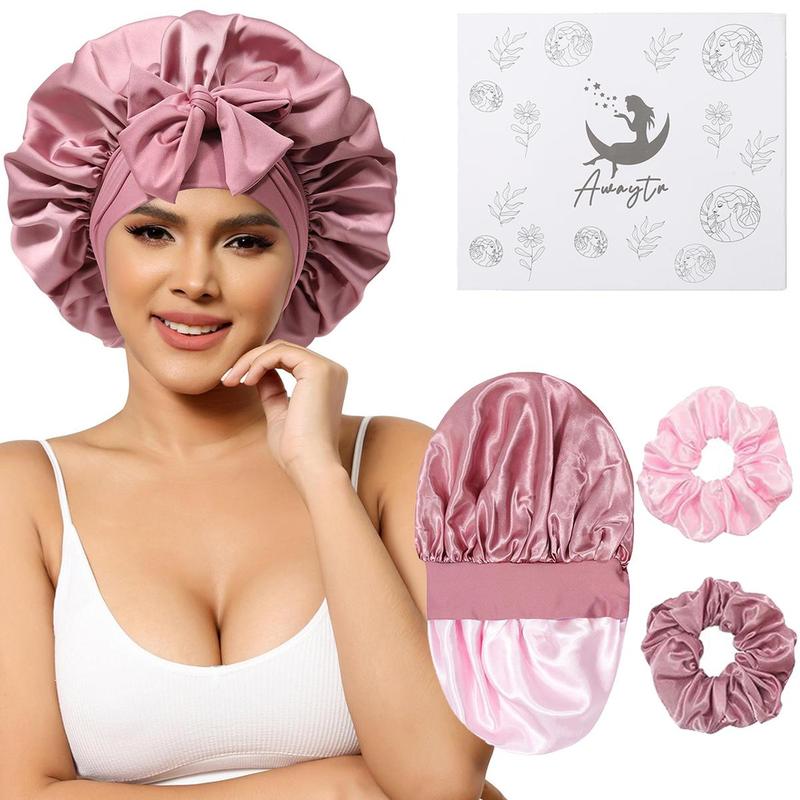 AWAYTR Double Layer Satin Bonnet for Sleeping Cap Women Reversible Hair Bonnets with 2PCS Hair Scrunchies Elastic Tie Band Nightcap Gifts for Women