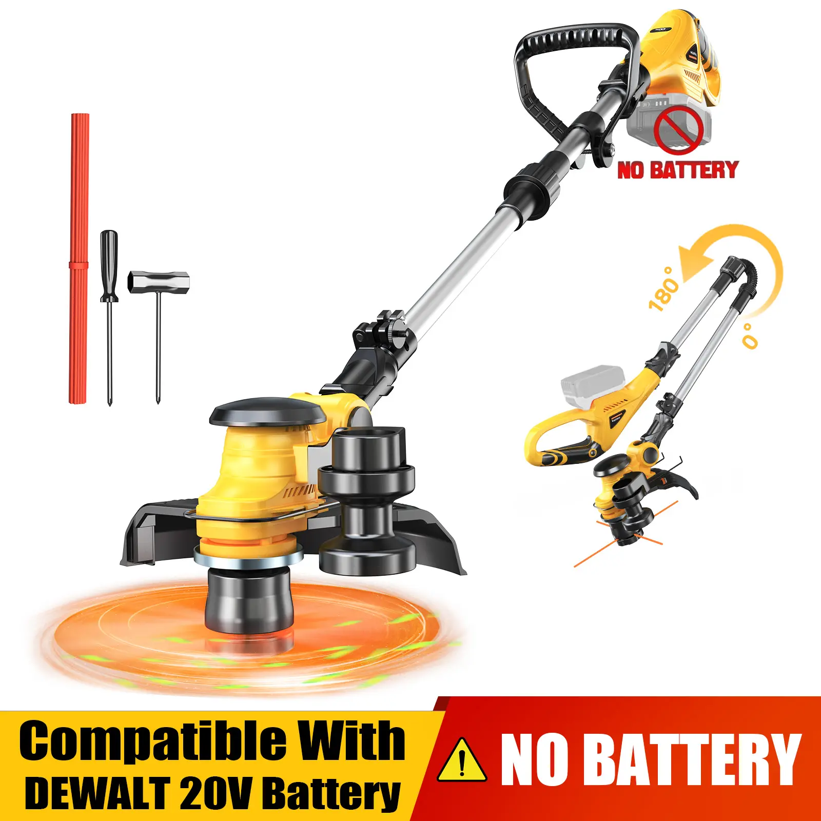 Cordless String Trimmer Compatible with Dewalt 20V (Tool Only), 3 IN 1 Weed Eater with Brushless Motor & Battery Level Display, Electric Weed Wacker/Edger Trimmer for Yard, w/ 18 Line, Yellow