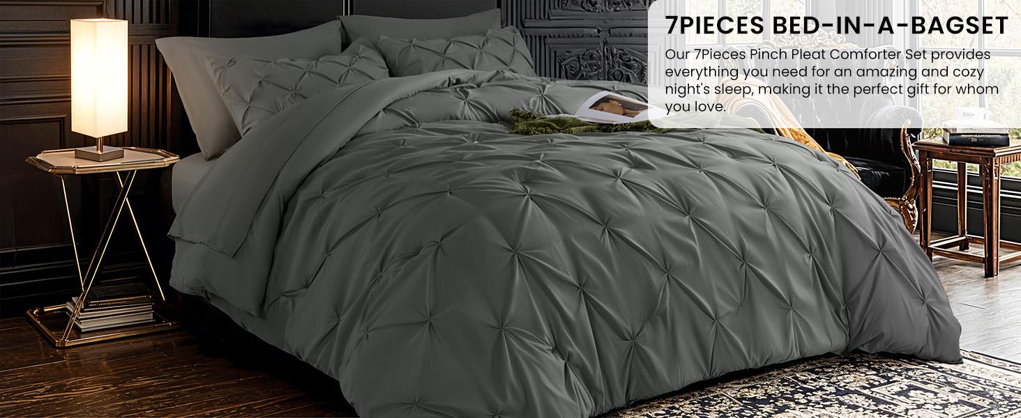 Shilucheng 7PCS Luxury Microfiber Bedding Set Ultra Soft All Season Breathable Duvet Set Cloud Like Hotel Quality Bedroom Bedding Set with Elegant Geometric Pintuck Design Multi Color Machine Washable Soft Bedding Set