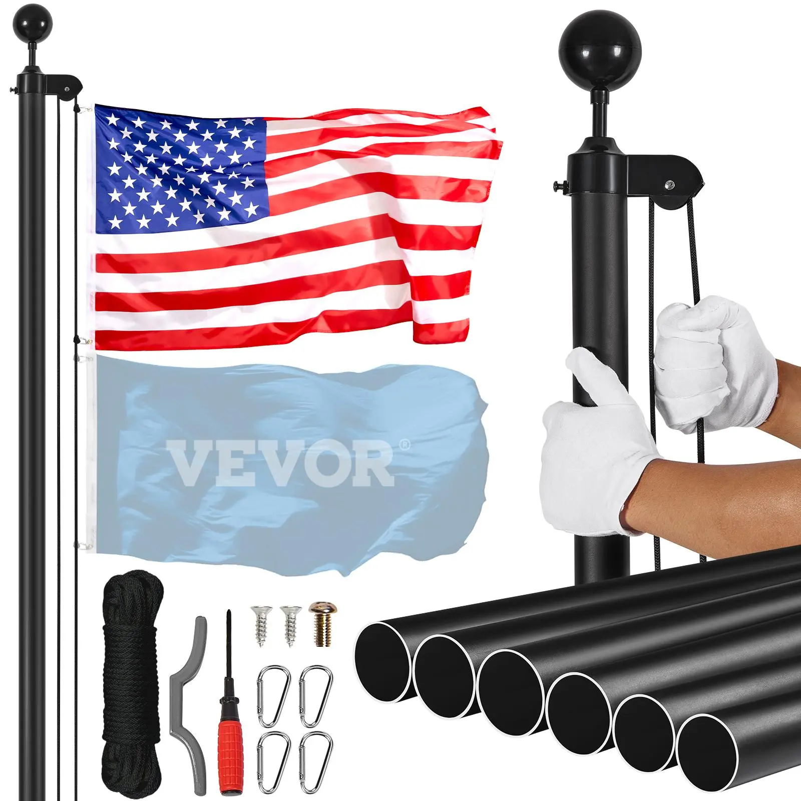 【SummerFinds】VEVOR 30FT Sectional Flag pole Kit,  , Heavy Duty Aluminum Alloy in Ground Flag poles for Outside, 3 Display Modes Flagpole with 3x5 American Flag, Professional Accessories, Black Banners Lightweight