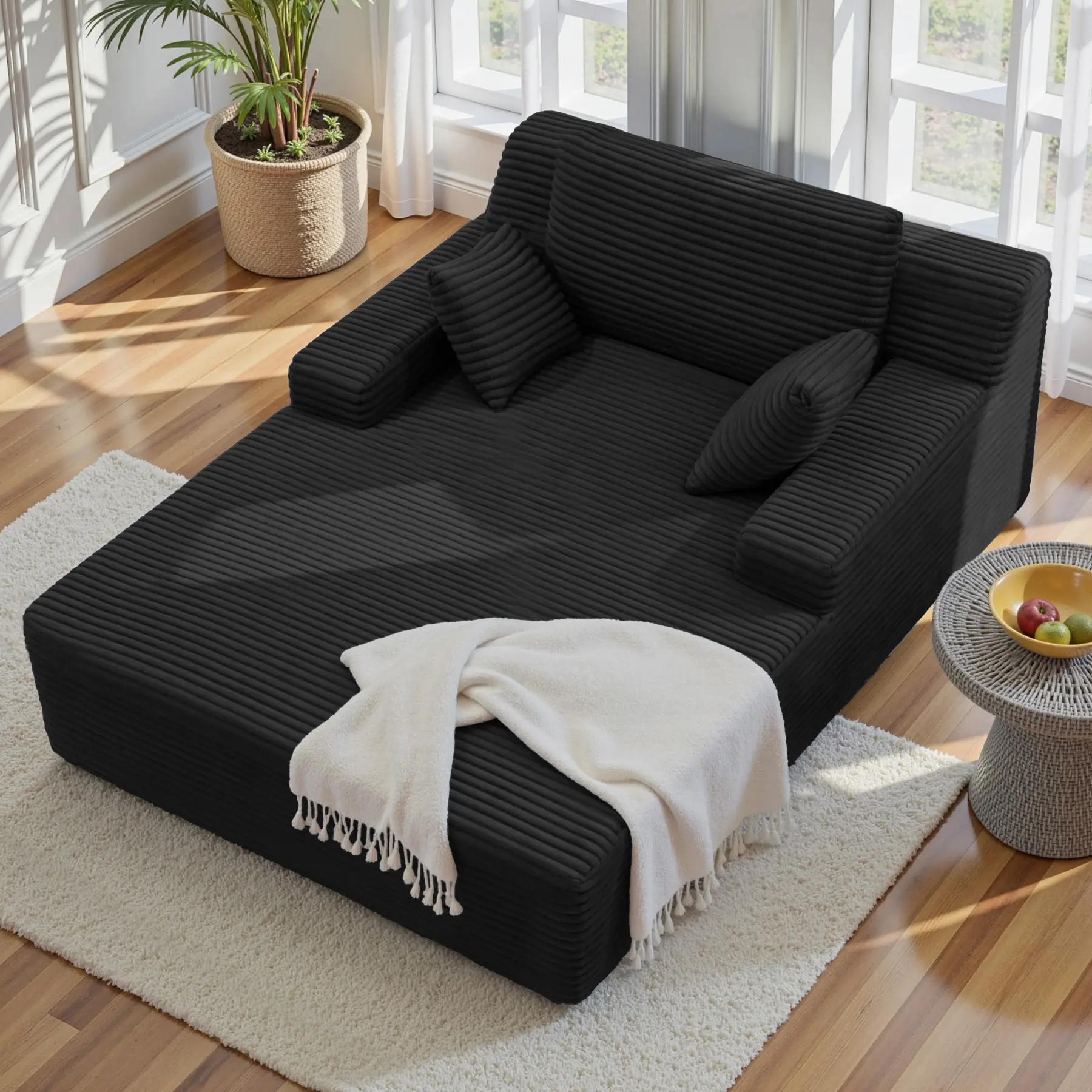 Oversized Chaise Lounge Chair Indoor, Non-Assembly Deep Seat Sofa Bed Corduroy Sleeper Cloud Couch ith 2pcs Pillows for Reading Living Room