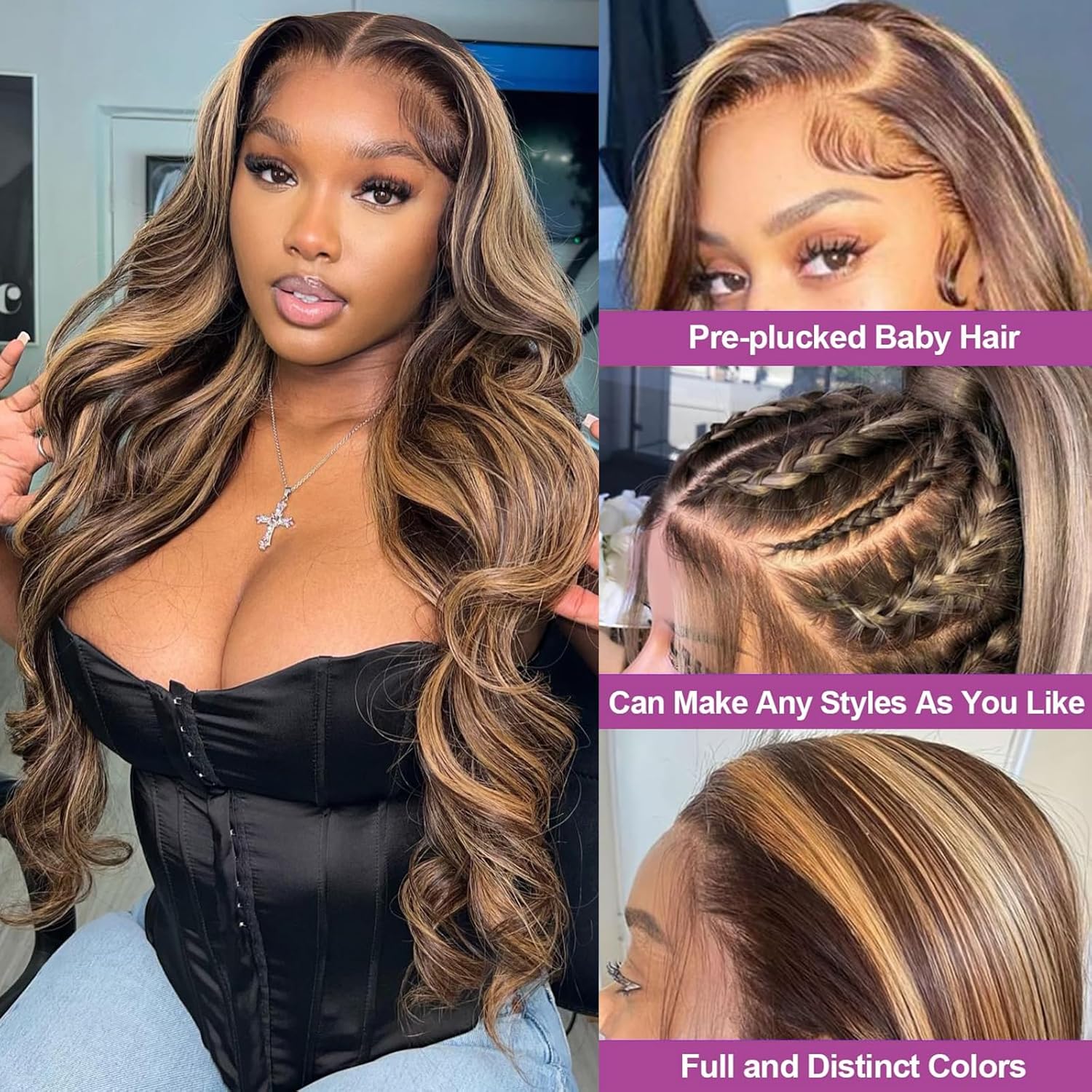 【30"=$107】Redice 360 Lace Front Wigs Human Hair Body Wave Wig Pre Plucked Glueless Wigs for Women Drawstring  Honey Blonde Ombre Frontal HD Lace Wig Human Hair 4/27 & Natural Black 180% Density