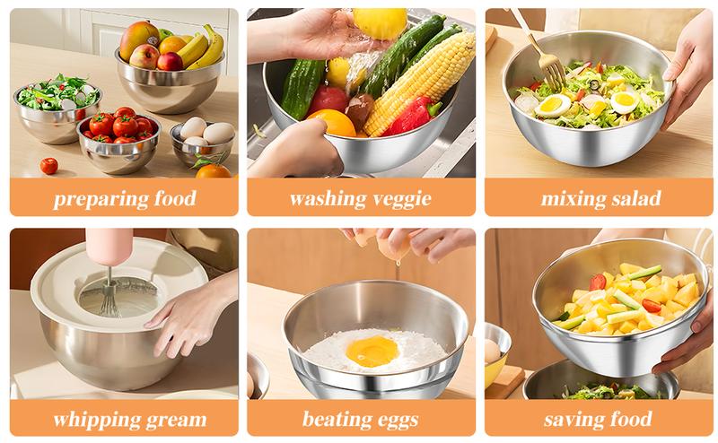 6 Piece Mixing Bowl with Lids Set,Stainless Steel Storage Bowls Kitchen,3 Grinder Attachments,Tableware Food Organizer Nesting Bowls Cooking Baking Airtight