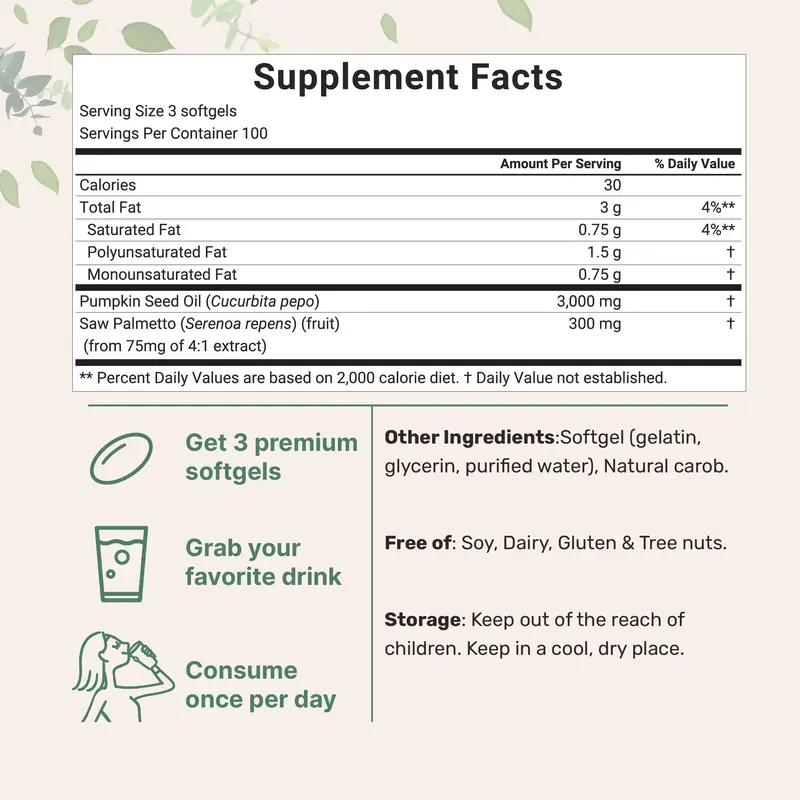 PYY Natural Pumpkin Seed Oil & Saw Palmetto Softgels 3000mg High Content Plant Esters 300 Capsules Supplement for Hair and Prostate Support Cold Pressed Non-GMO Healthcare Formula