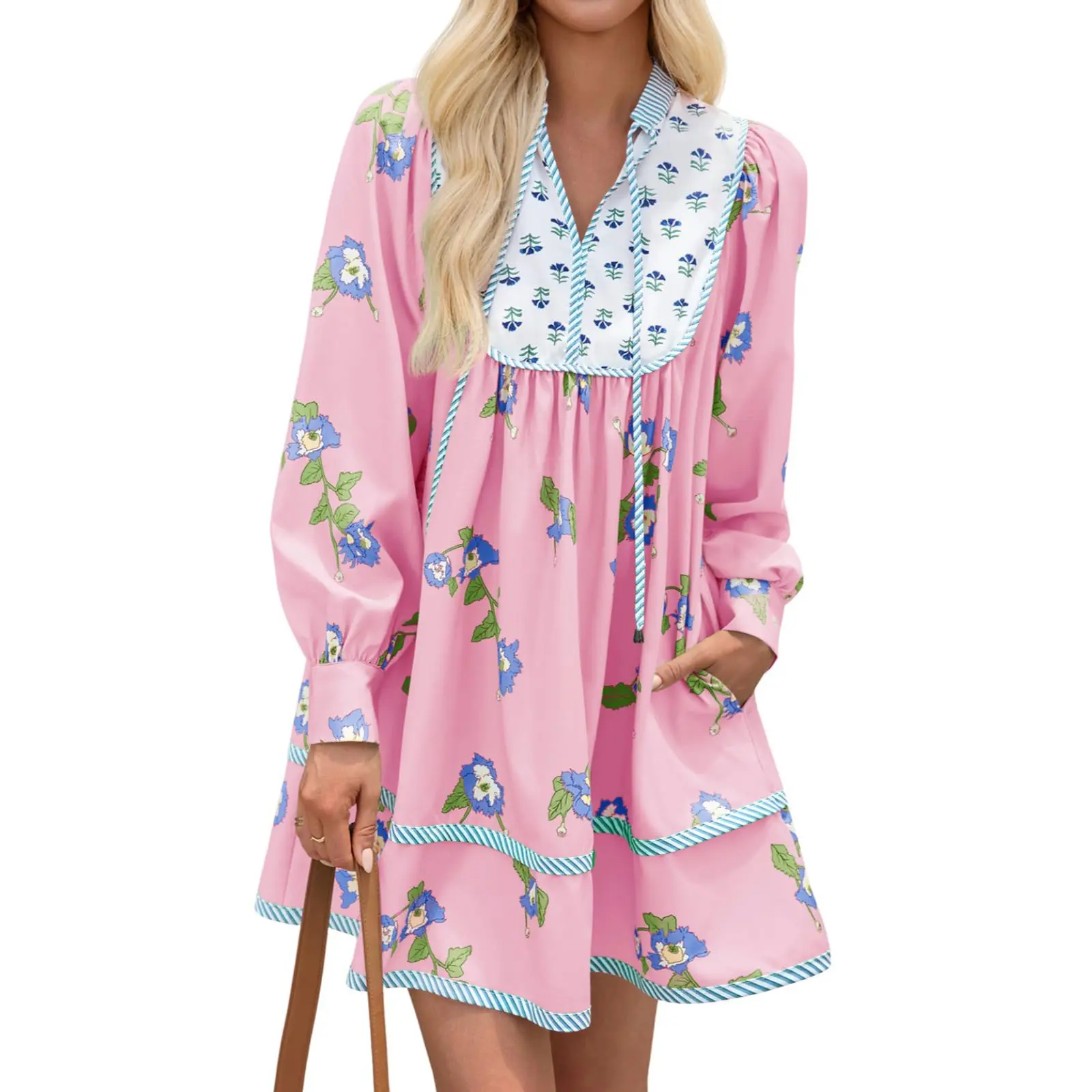 Wenrine Women's Cute Fashion Lady's Long Sleeve Floral Patchwork V-Neck Loose Soft Comfortable Bohemian Casual-Formal Mini Dress - 2025 Fall