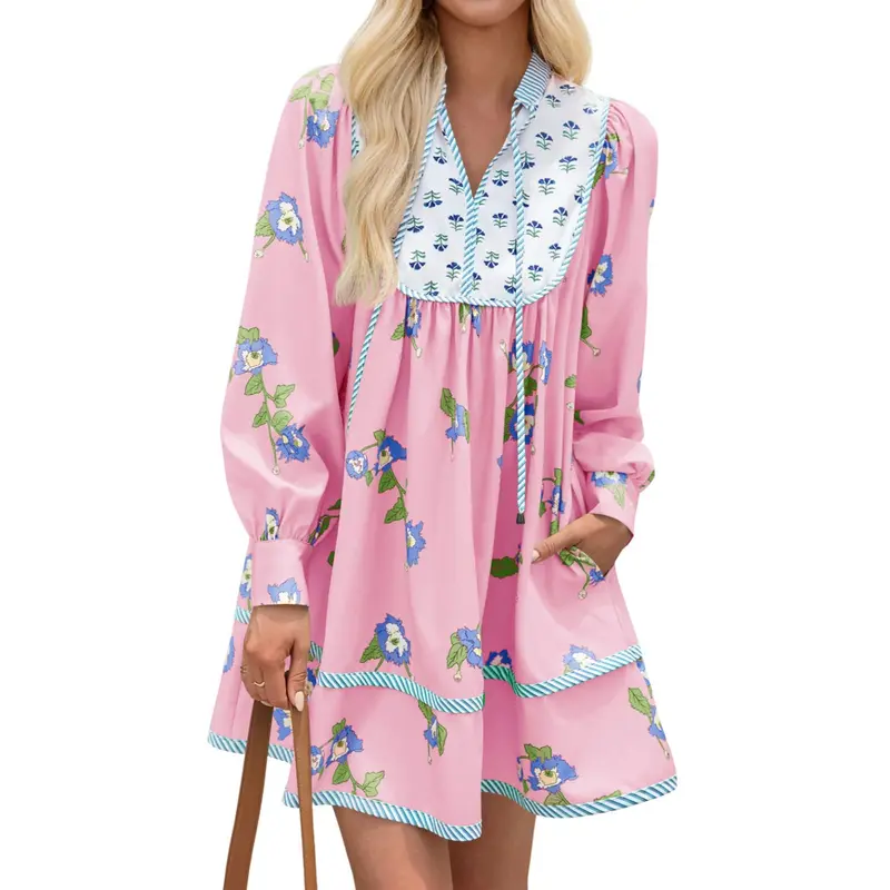 Wenrine Women's Cute Woven Formal Mini Dress - 2025 Fall, Long Sleeve, V-Neck, High Waist, Contrast Binding, Medium Stretch, Bohemian Floral Patchwork, Breathable Lightweight, Beach Party Wedding Wear, Loose Soft
