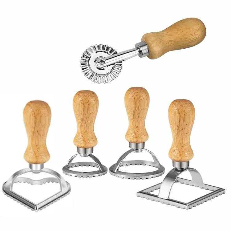 Sturdy 5-Piece Aluminium Holiday Theme Bakeware Set - 4 Round/Square Christmas Cookie Cutters (Santa, Tree, Snowflake, Gingerbread Man) + 1 Beechwood Pasta Rolling Wheel Cutter, Specialty Kitchen Utensils for Holiday Baking, Fluted Edge
