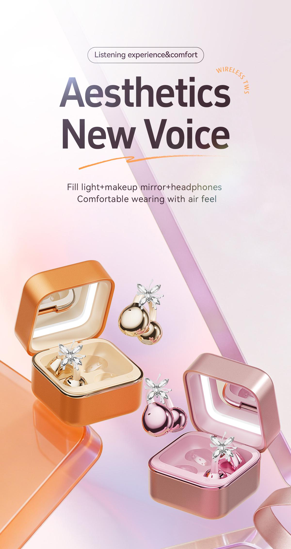 CHENRUIDA Mini Square Wireless Bluetooth Earphones  Features a built-in makeup mirror and fill light, portable makeup tool, 360° panoramic sound effect + active noise cancellation, soft silicone ear tips for comfortable wear, and extra-long battery life.