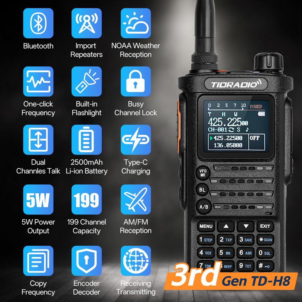 TIDRADIO 3rd Gen TD-H8 GMRS & Ham Radio 10Watt Long Range Walkie Talkie Performance Multi-band Handheld Two-Way Radio Built-in Bluetooth APP Wireless Programming