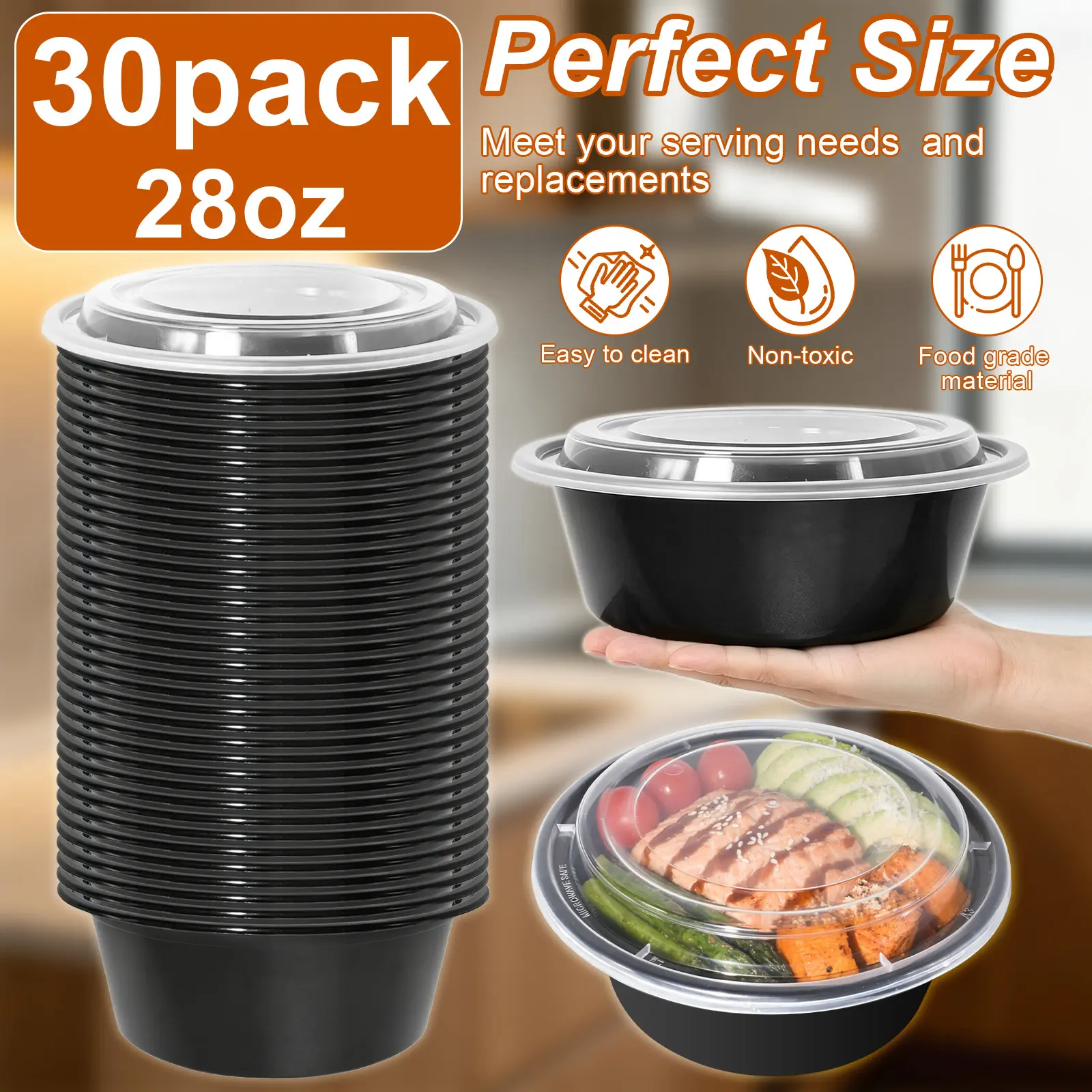 30-Set 28 oz Sturdy Disposable Plasticware Dinnerware Set - Heat-Resistant Reusable Food Storage Covered Bowls, Meal Prep Containers, Microwaveable, Refrigerable, Freezable, Dishwasher-Safe, Ideal for School Lunches, Restaurants