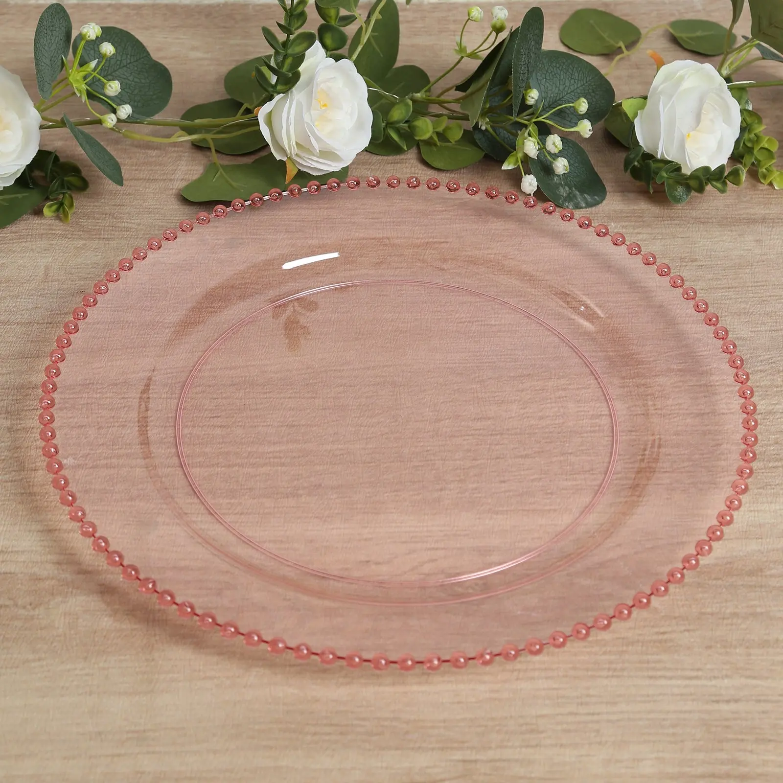 10-Pack Economy Plastic Plates Set - 13" Round Shape, Transparent Blush Pink Beaded Rim, Non-Microwave Safe, Reception Use Stylish Dinner Party Service Plates