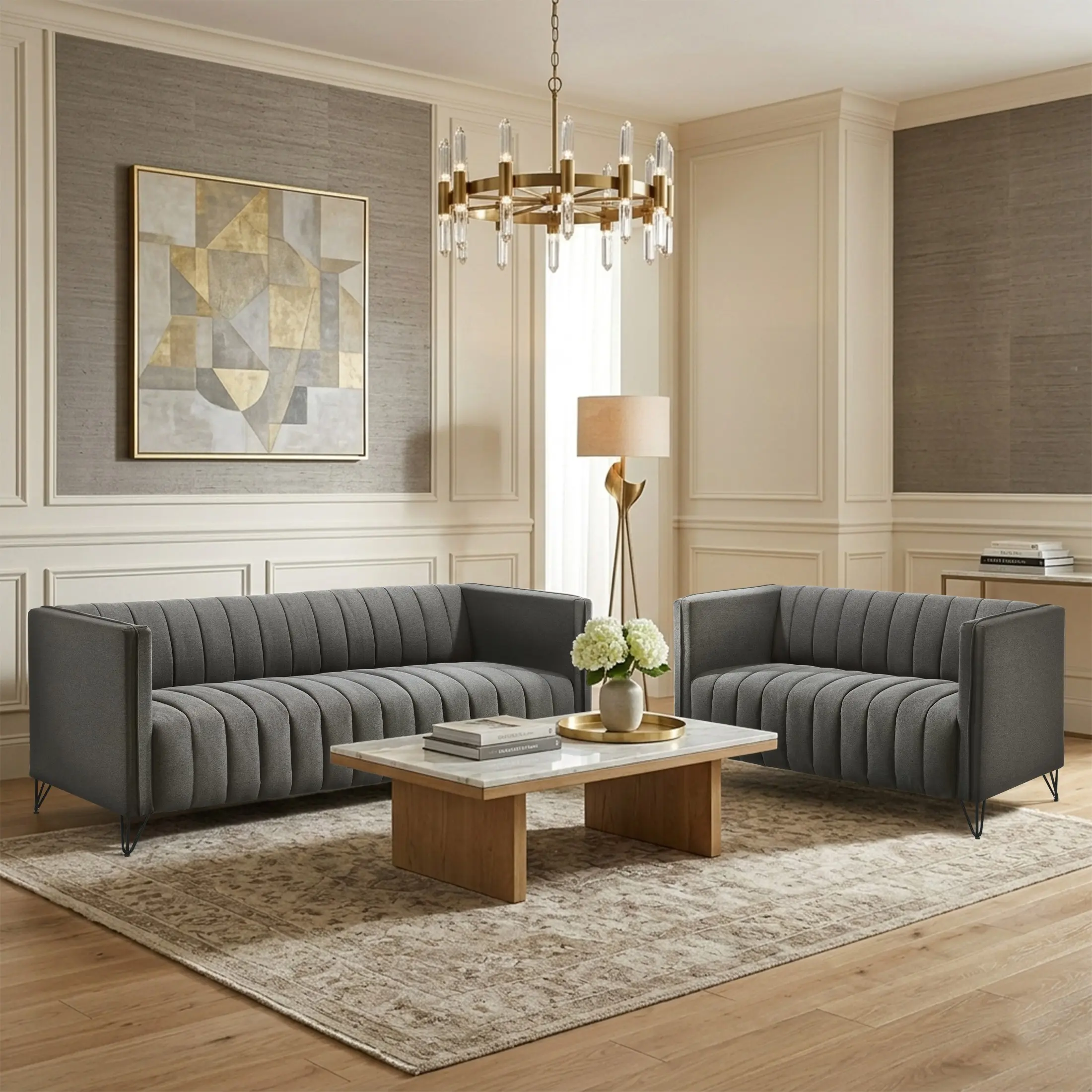 Favorer 2-Piece Modern Minimalist Black Indoor Sofa Set - Square Arm Loveseat, Living Room Couch, Channel-Tufted Upholstery for Living Spaces, Black Sofa Set, Modern Minimalist Sofa