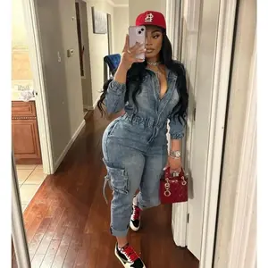 Women's denim jumpsuit with pockets elastic for work and street casual wear tight straight leg