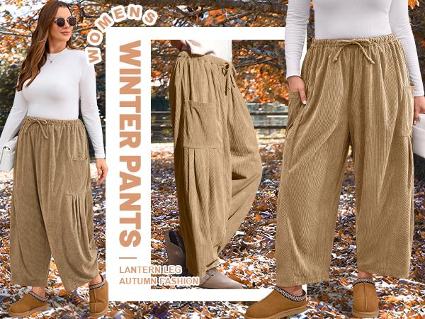 【NEW】TARSE Womens Corduroy Pants Wide Leg Palazzo Harem Pants Drawstring Casual Loose Barrel Work Trousers with Pockets Baggy Vintage Fall Winter Bottoms
