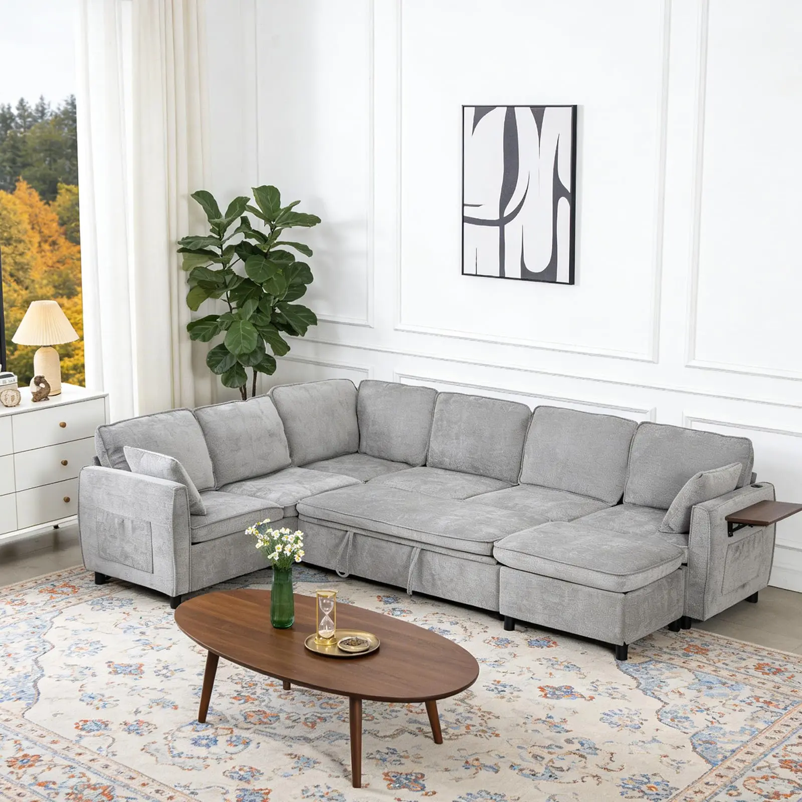 Garvee 116" Large U-Shaped Modular Sectional Sleeper Sofa with Pull-Out Bed, Ottoman, USB Ports, Foldable Side Table, Storage, Chenille Cloud Fabric, 7-Seat Modern Furniture for Living Room