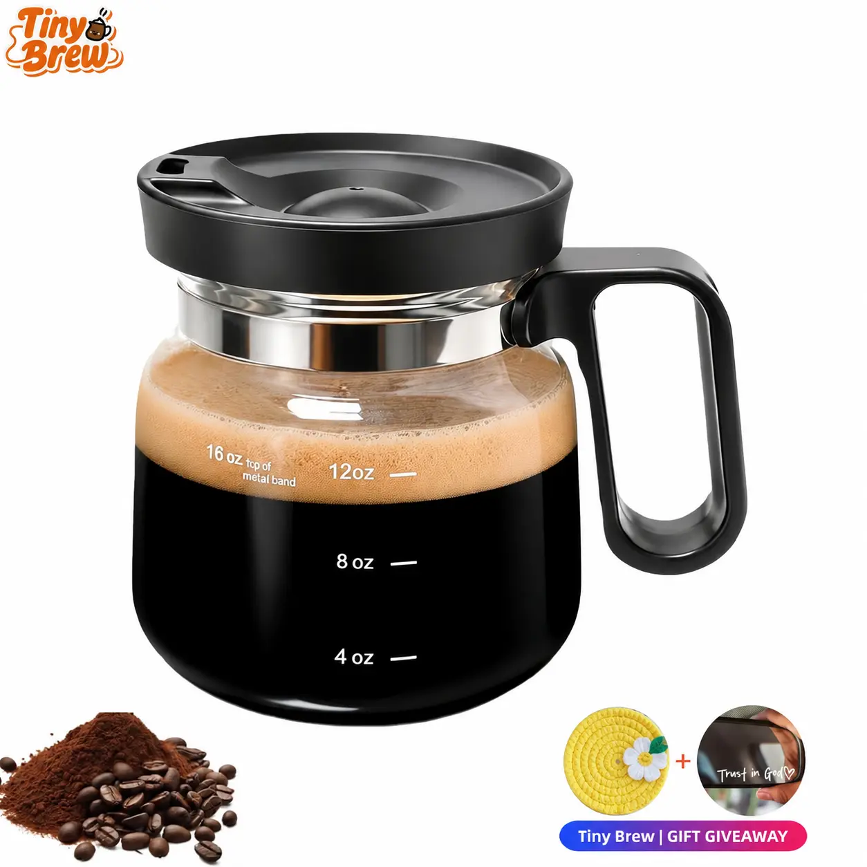 Tiny Brew 16 oz Glass Coffee Mug with Lid and Coasters and Decorative Sticker, Heat-Resistant Coffee Pot-Shaped Cup with Measurement Marks and Ergonomic Handle, Novelty Gift for Coffee Lovers