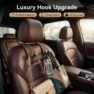 Car Seat Headrest Hook Double Hook, Suede Leather Purse Holder for Car, Car Seat Back Storage Hook for Bags, Groceries & Backpack, 40LB Heavy Duty Organizer