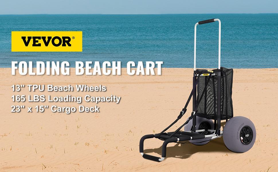 VEVOR Beach Carts for Sand, 23" x 15" Cargo Deck, w/ 13" TPU Balloon Wheels, 165LBS Loading Folding Sand Cart & 33.1" to 51.6" Adjustable Height, Aviation Aluminum Cart for Picnic, Fishing, Beach