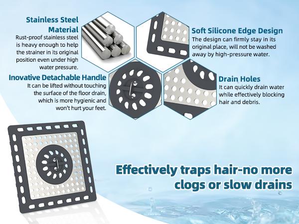 Hibbent Upgraded Shower Drain Hair Catcher, Shower Drain Cover for Bathroom Floor 4" Drain, Anti-Clogging Bathtub Drain Strainer, Stainless Steel Kitchen Sink Drain Strainer with Handle, Dark Grey