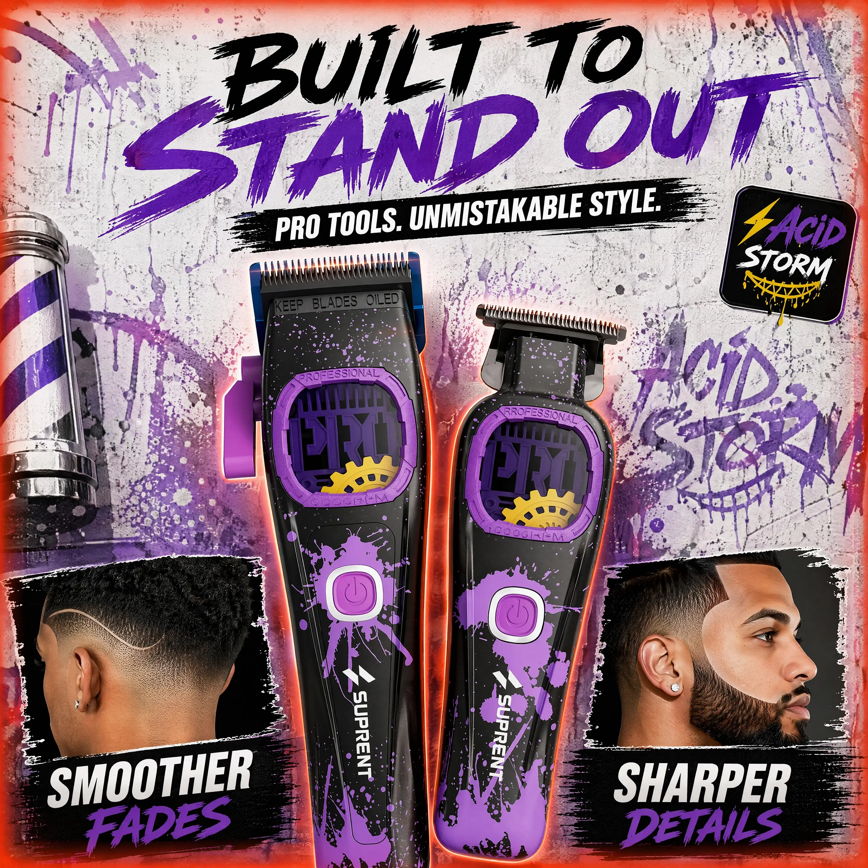 SUPRENT AcidStorm Pro Barber Clippers Set - Graffiti Hair Tools, 8500 RPM, Blue MIM Blades, Cooling Function, Suitable for All Hair Types, Home Haircut