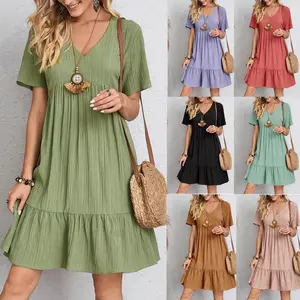 2025 Summer Women's Loose Casual Short Sleeve Waist-Tied Flowing Dress Casual Lace Patchwork Tiered Dress Womenswear Shortsleeve Vneck