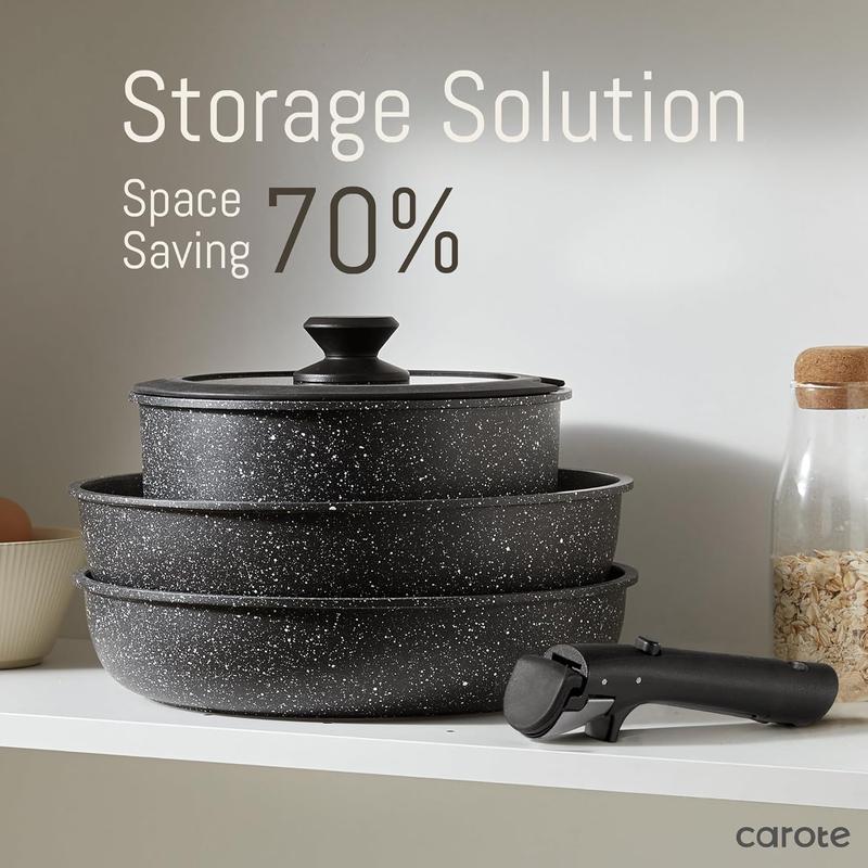 [Official] CAROTE 18pcs Detachable Handle Nonstick Cookware Set, Blue/Green/Black/Taupe/White, Pots and Pans, Oven safe Frying Pan, Dishwasher Safe