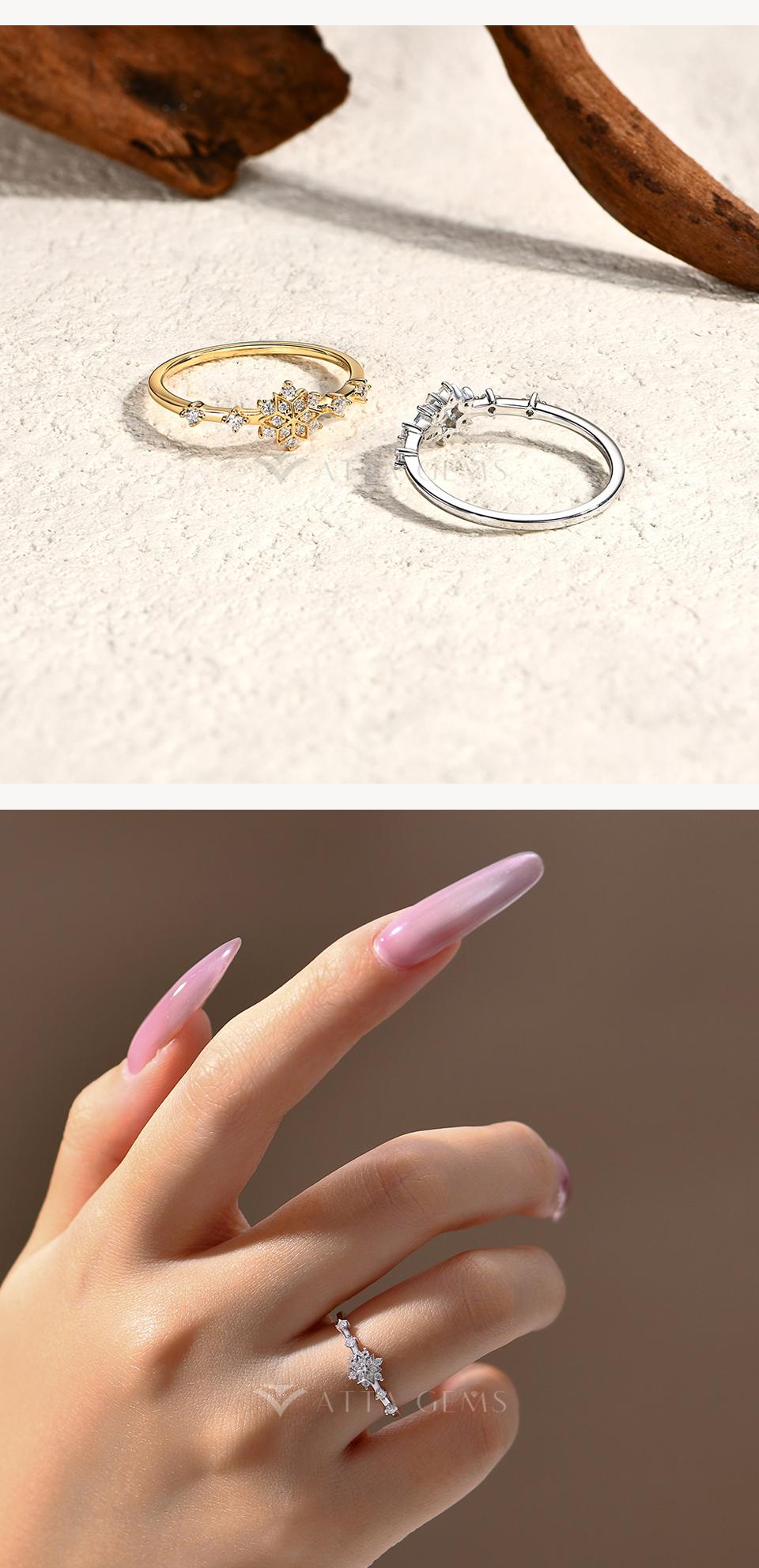 ATTAGEMS Classic Snowflake Design Lab-Created Moissanite Ring for Women Girls Real S925 Sterling Silver Ring Daily Wear Party Engagement Ring Valentine's Day Gift Fine Jewelry R260