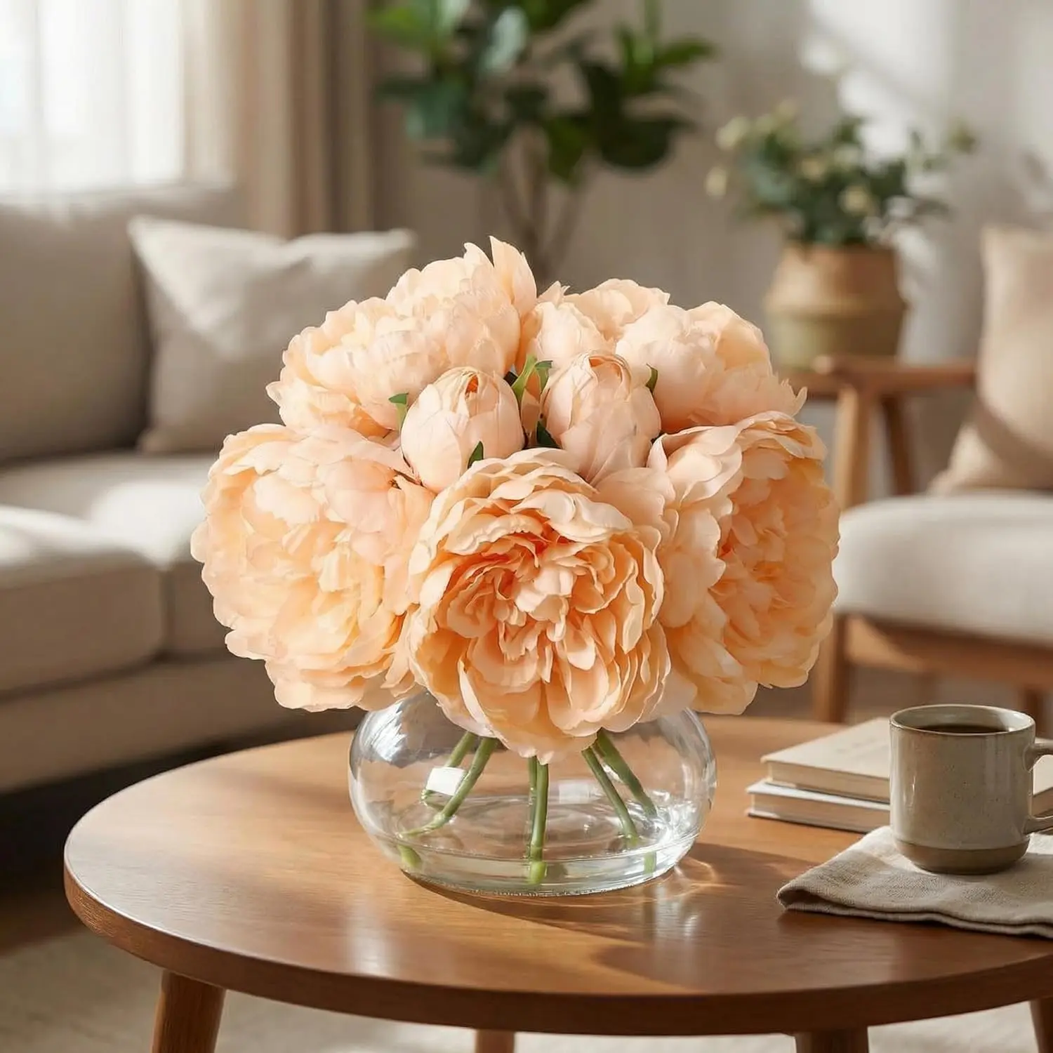 GAOMON Champagne Artificial Peonies with Vase, Silk Peony Flower Arrangement with Faux Water, Fake Peonies Bouquet for Table Centerpiece, Wedding Decor, Home Living Room Decoration