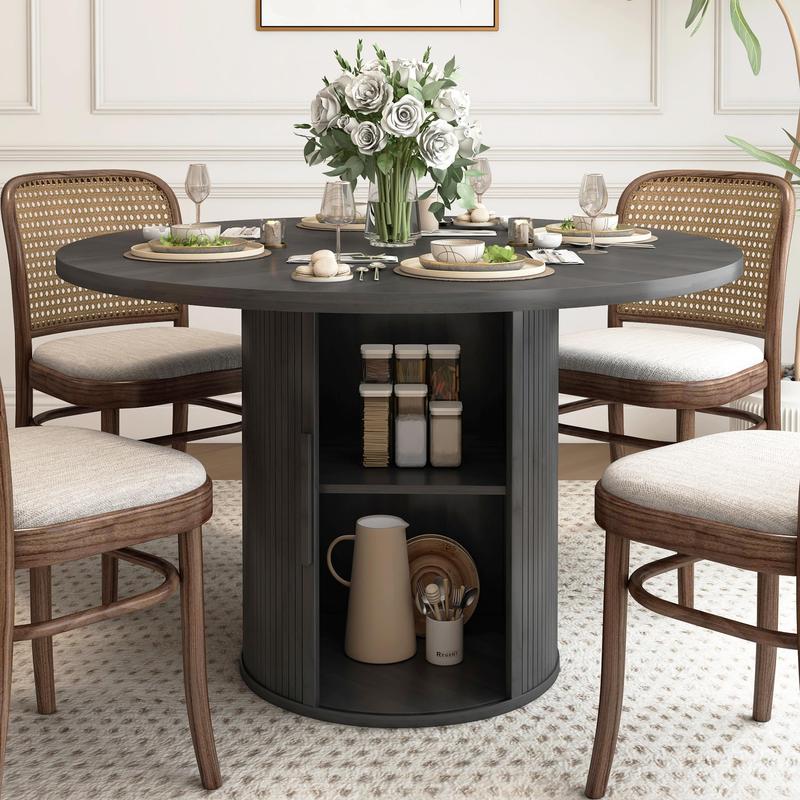 Giratree 47 inch Round Dining Table for 4, Kitchen Table Dinner Table with 2-Layer Storage Shelf and Wood Slide Door for Home Dining Room Living Room